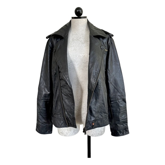 Superdry Ryan Biker Leather Moto Jacket Black Asymmetrical Zip Hip Buckle Size M - Picture 6 of 16